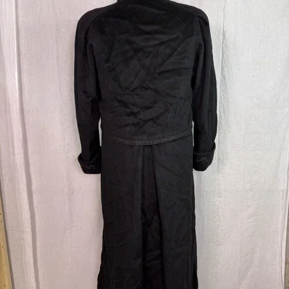 Vtg Lorovi Black Wool Coat Cape Collar Trim Elegant Overcoat Check Measurements - Picture 6 of 11
